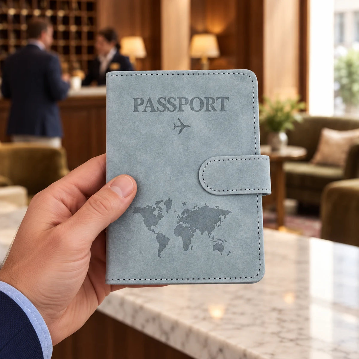 Mérignac — porte-passeport bleu ciel tenu en main, vue complète