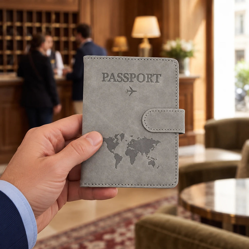 Mérignac — porte-passeport gris tenu en main, vue complète