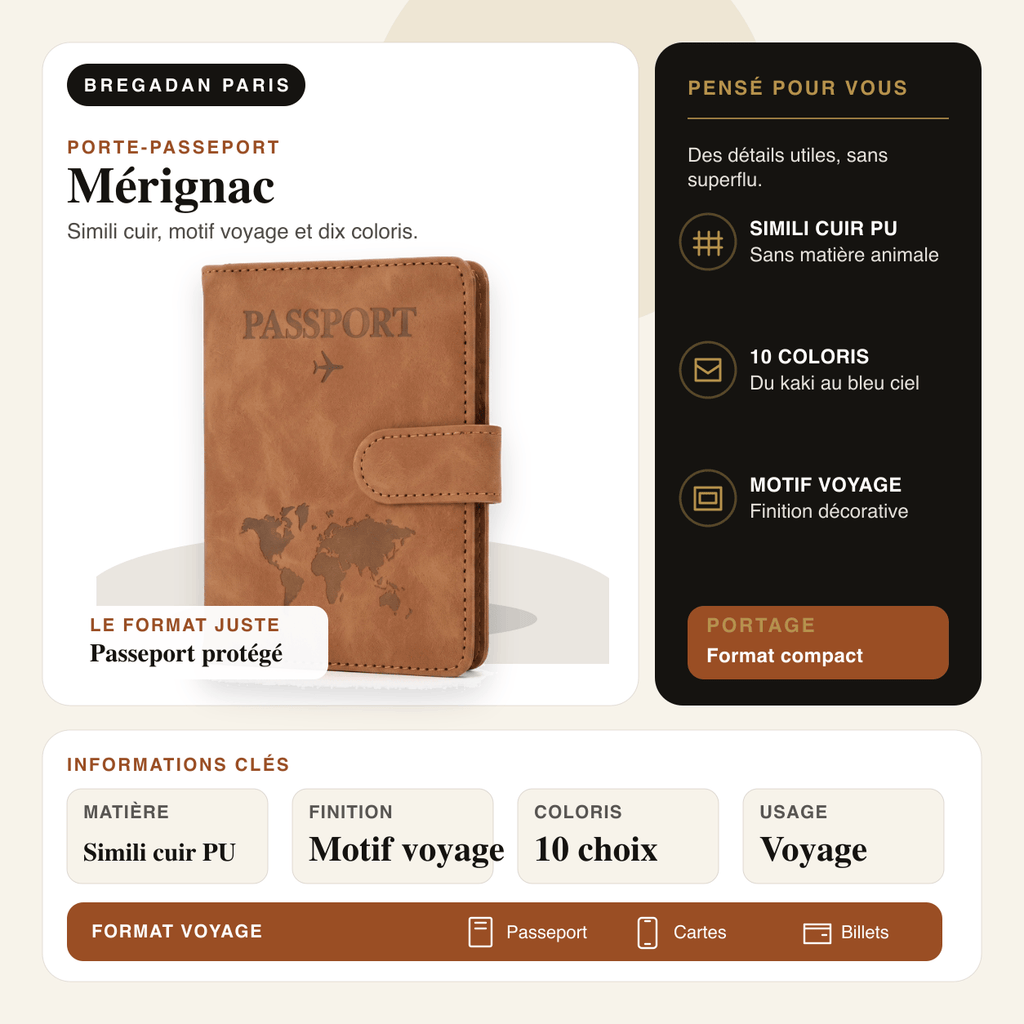 Mérignac — infographie Bregadan V3 : simili cuir, motif voyage et dix coloris, matière Simili cuir PU, finition Motif