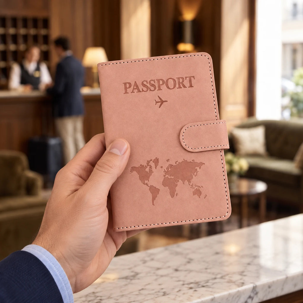 Mérignac — porte-passeport rose tenu en main, vue complète