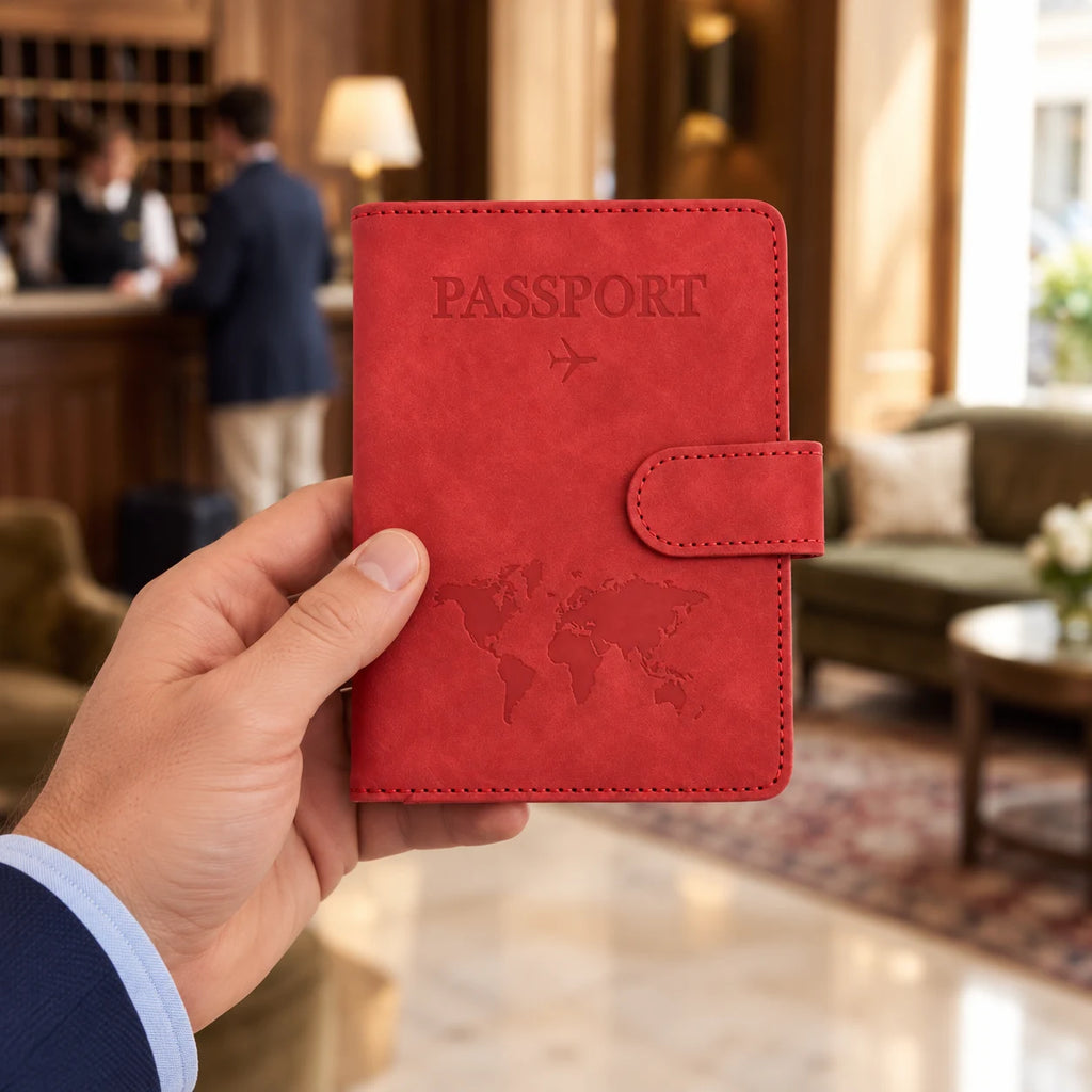 Mérignac — porte-passeport rouge tenu en main, vue complète