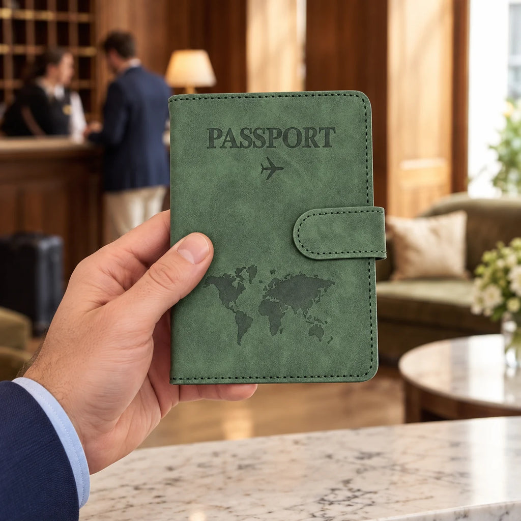 Mérignac — porte-passeport vert tenu en main, vue complète