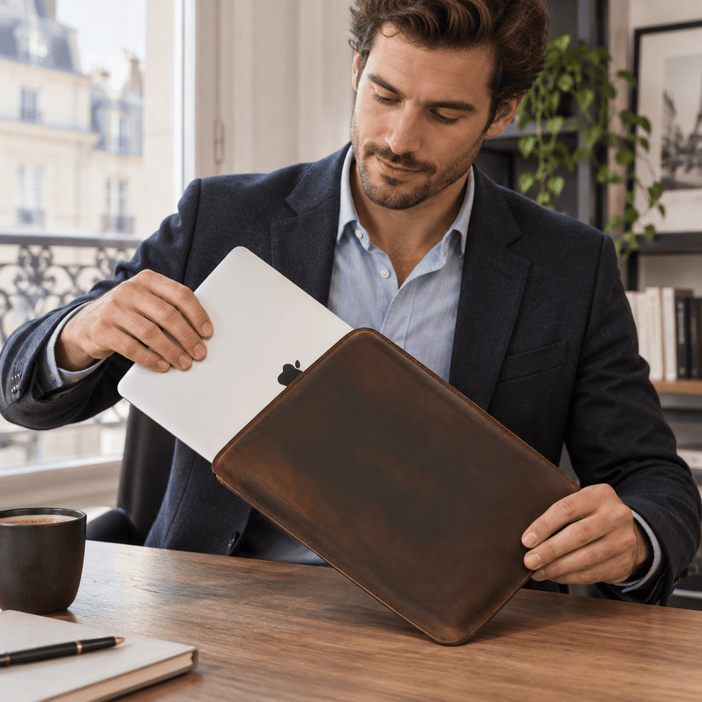 Metz — housse MacBook en cuir café utilisée au quotidien