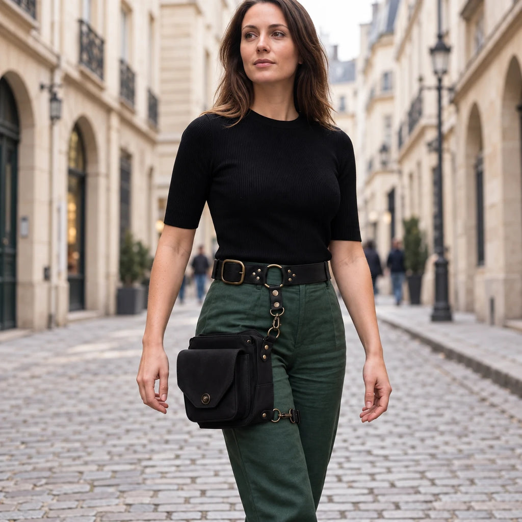 Meudon — sac de cuisse noir porté avec ceinture