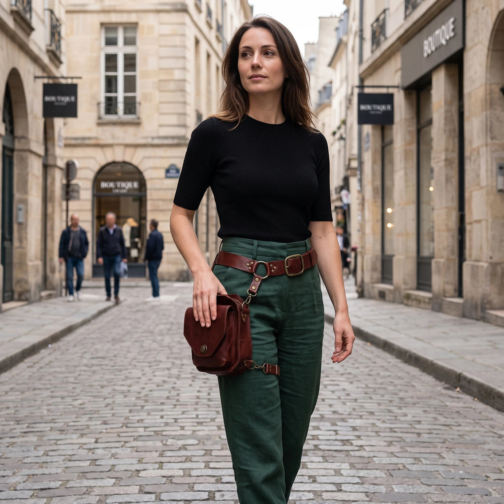 Meudon - sac de cuisse brun porté par une femme en ville