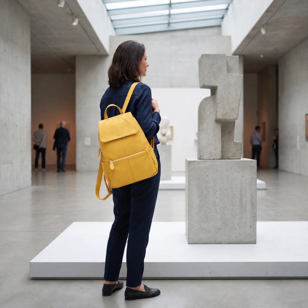 Montauban — sac à dos jaune porté, vue complète