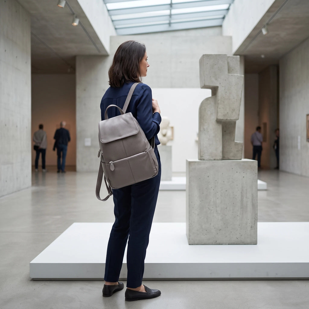 Montauban - sac à dos gris clair porté par une femme au musée