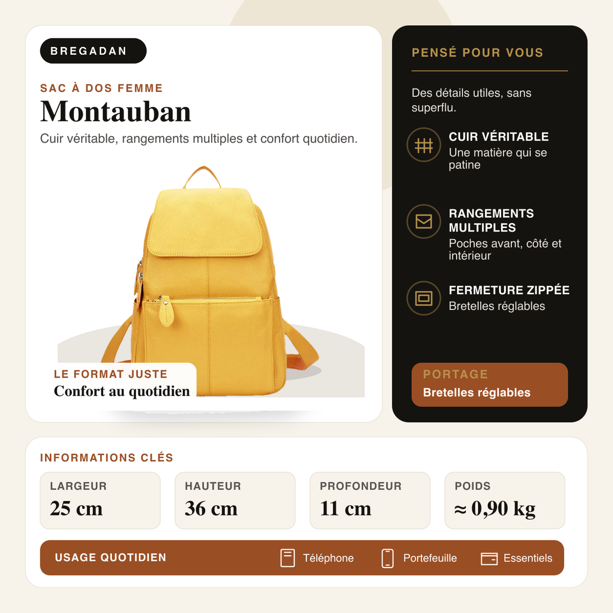 Montauban — infographie Bregadan V3 : Cuir véritable, rangements multiples et confort quotidien
