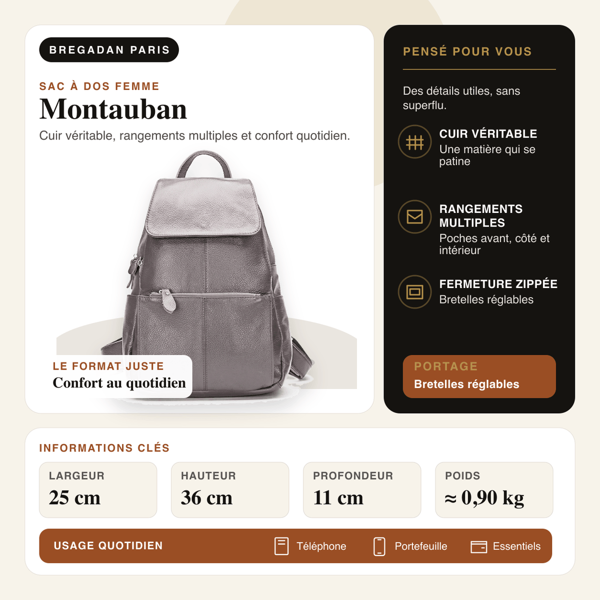 Montauban — infographie Bregadan V3 : Cuir véritable, rangements multiples et confort quotidien