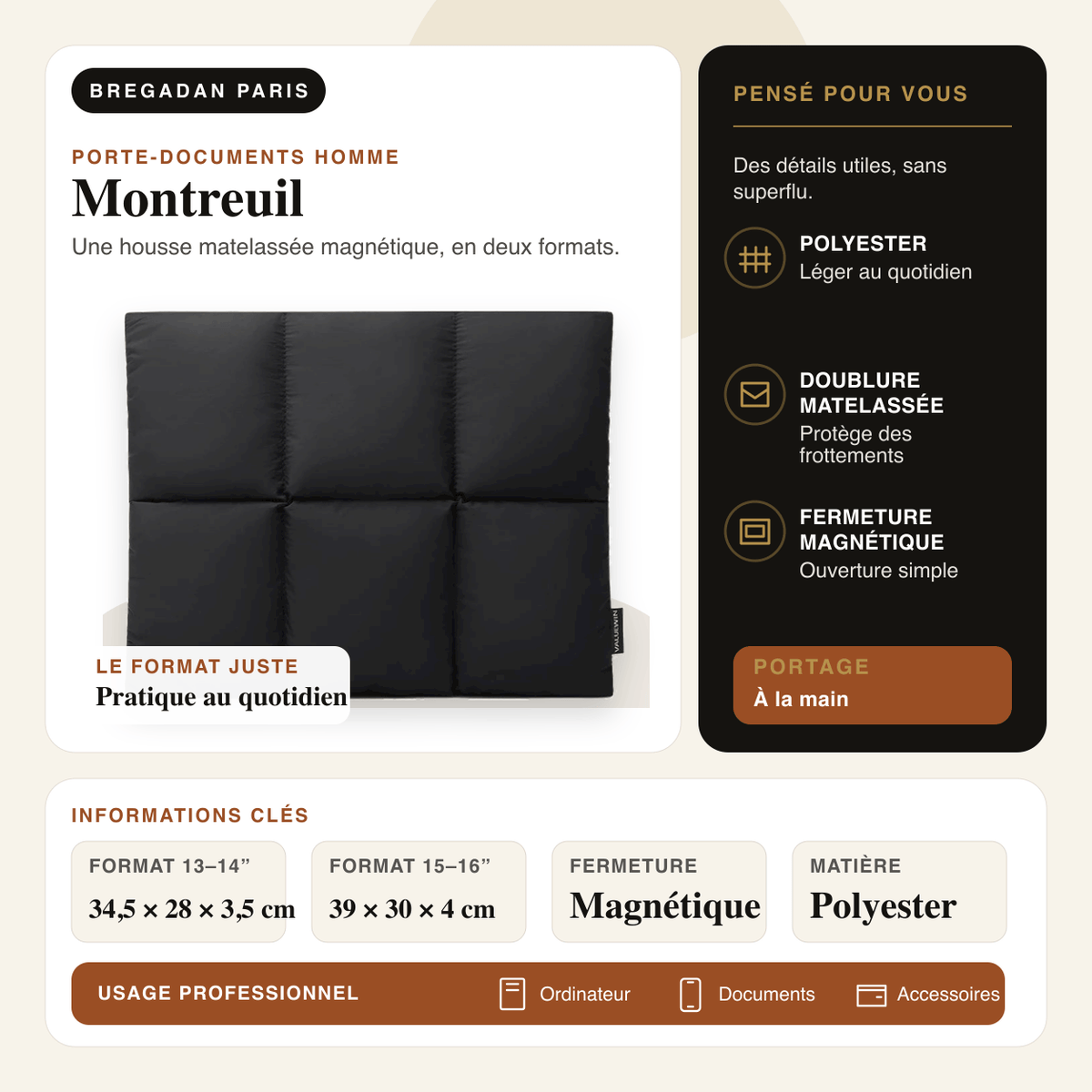 Montreuil — infographie Bregadan V3 : une housse matelassée magnétique, en deux formats, format 13–14” 34,5 × 28 × 3,5