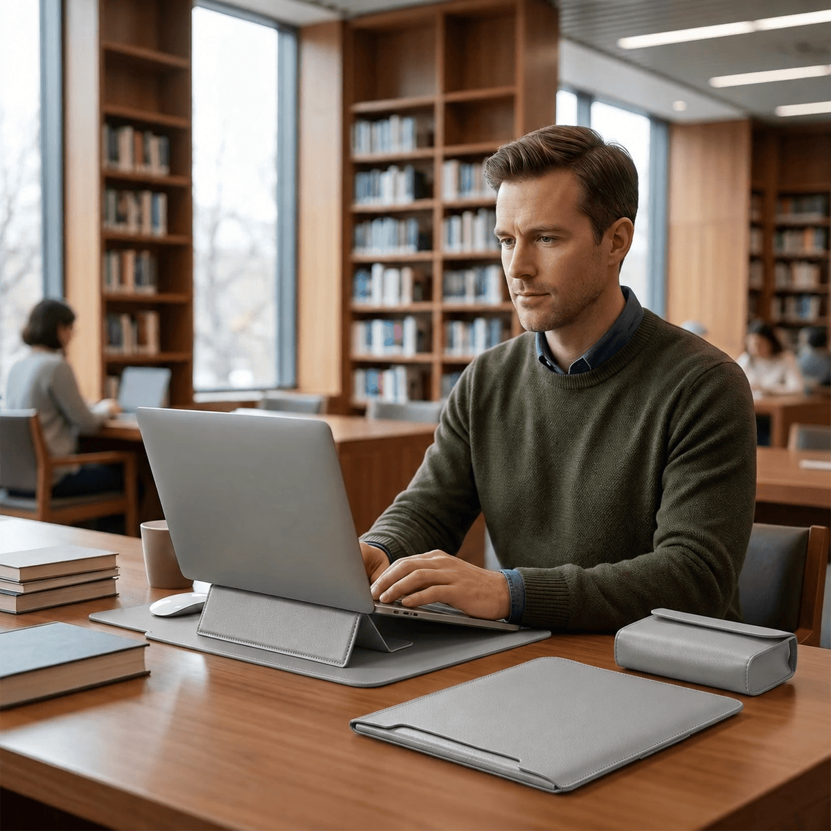 Mulhouse — housse MacBook gris clair utilisée au quotidien