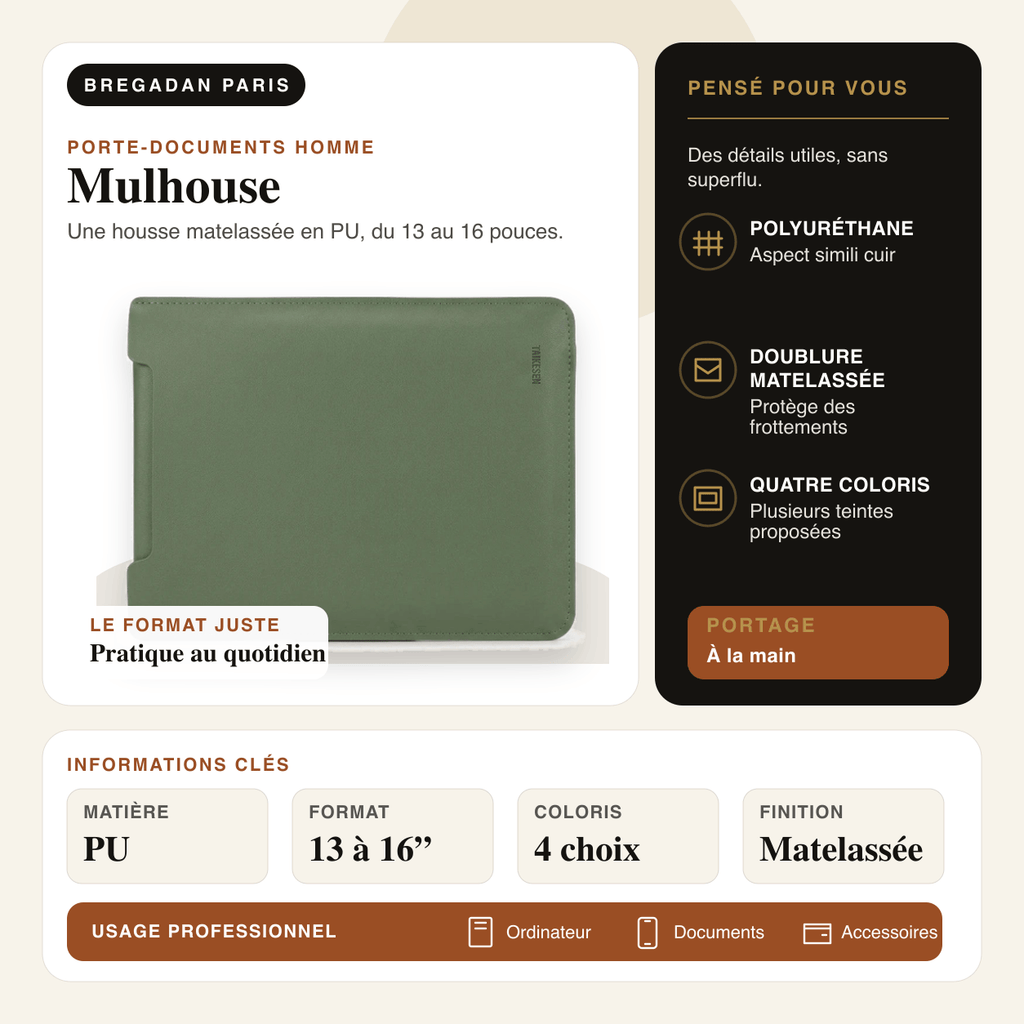 Mulhouse — infographie Bregadan V3 : une housse matelassée en pu, du 13 au 16 pouces, matière PU, format 13 à 16”