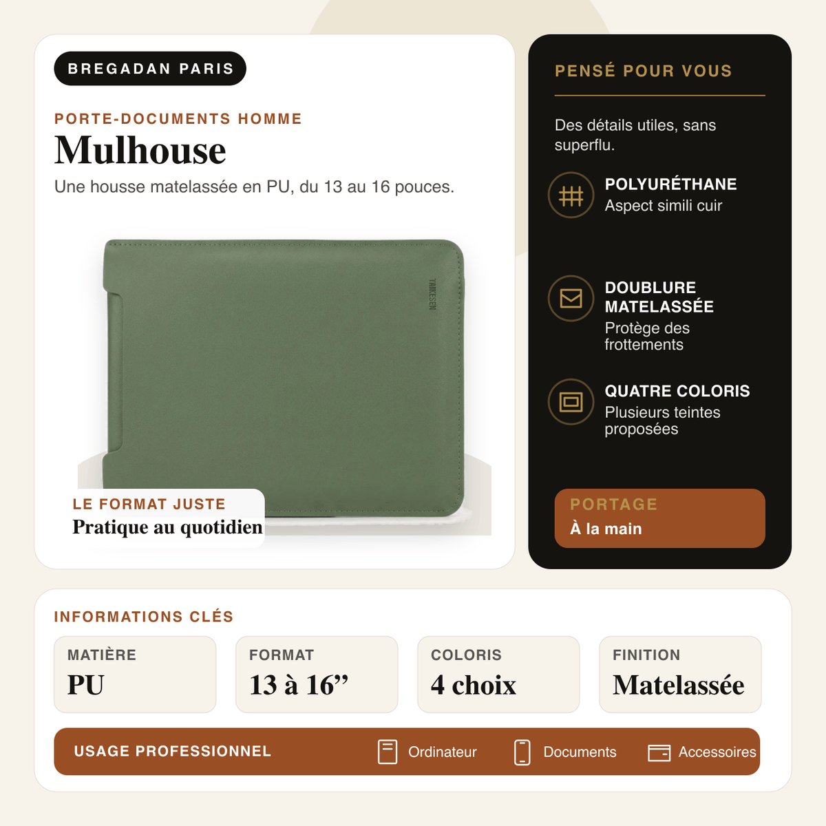 Mulhouse — infographie Bregadan V3 : une housse matelassée en pu, du 13 au 16 pouces, matière PU, format 13 à 16”