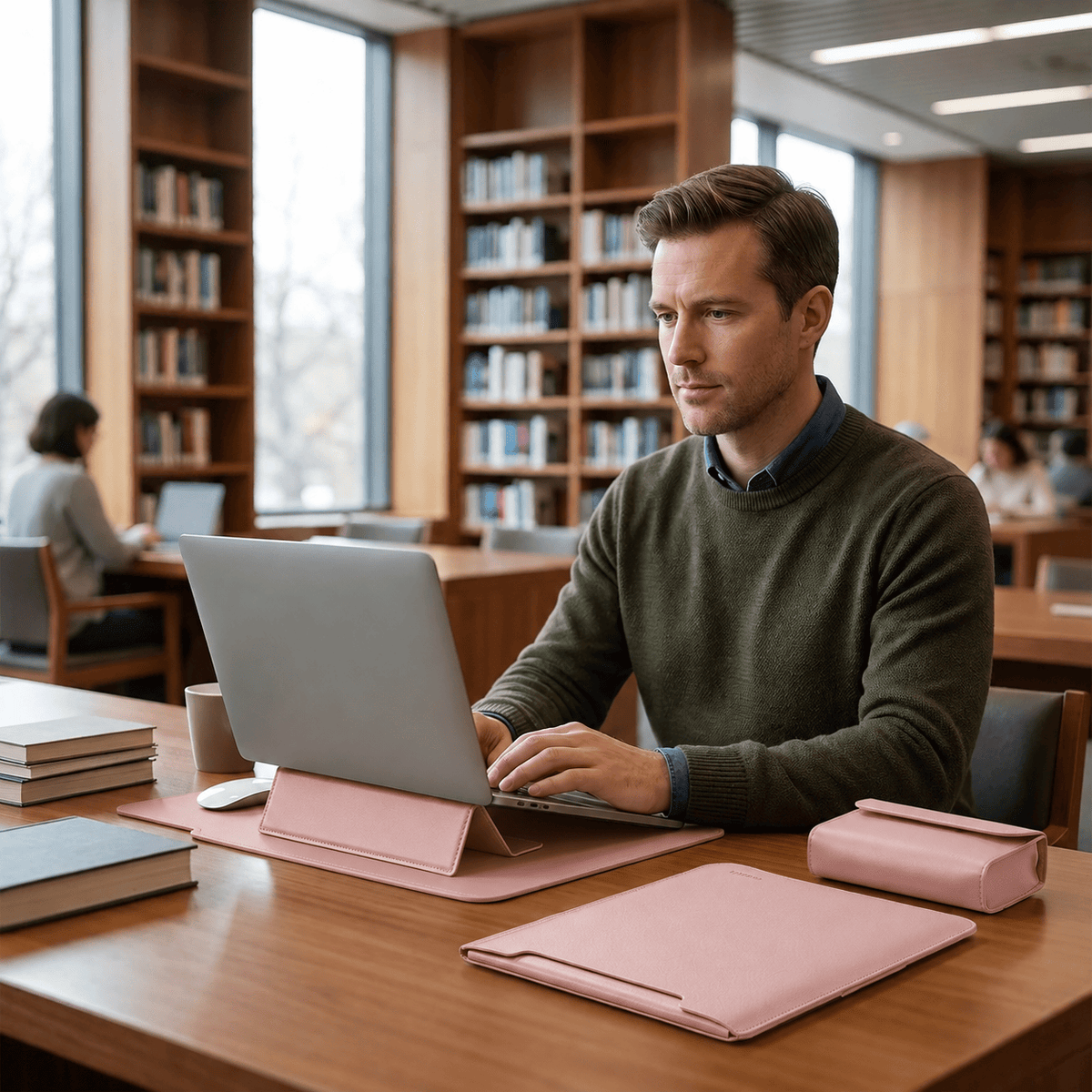 Mulhouse — housse MacBook rose poudré utilisée au quotidien