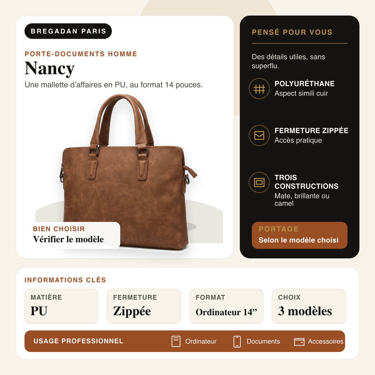 Nancy — infographie Bregadan V3 : une mallette d’affaires en pu, au format 14 pouces, matière PU, fermeture Zippée