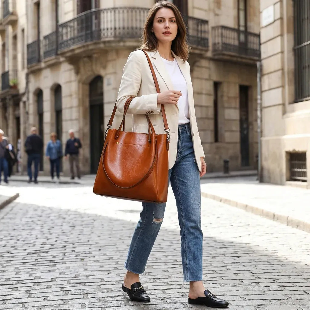 Nantes - Cabas en cuir de vachette, format épaule - mise en situation, coloris cognac