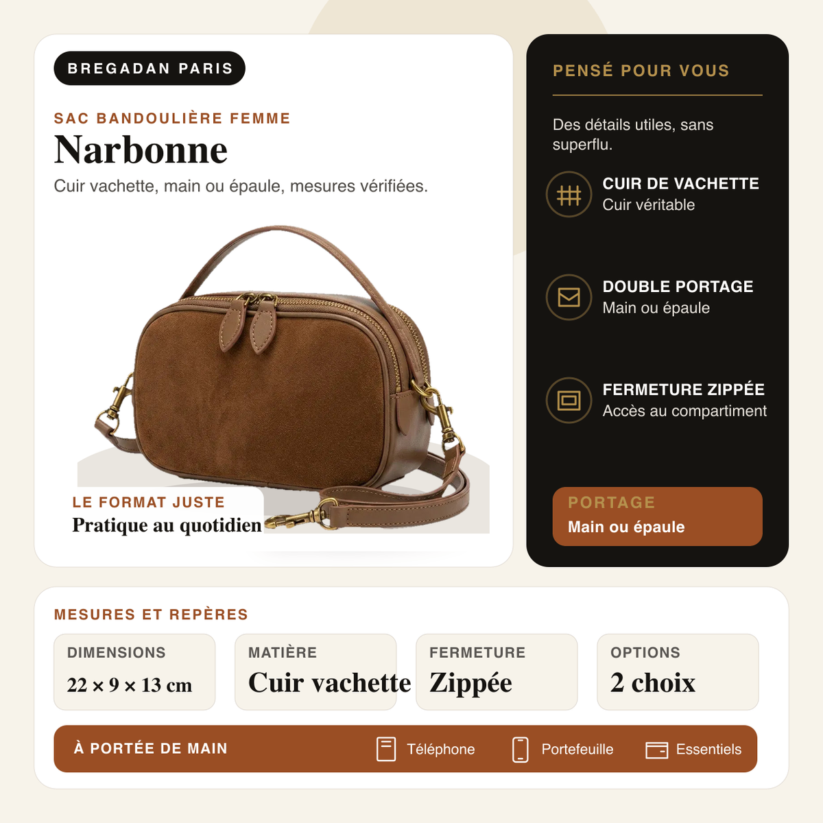Narbonne — infographie Bregadan V3 : cuir vachette, main ou épaule, dimensions 22 × 9 × 13cm
