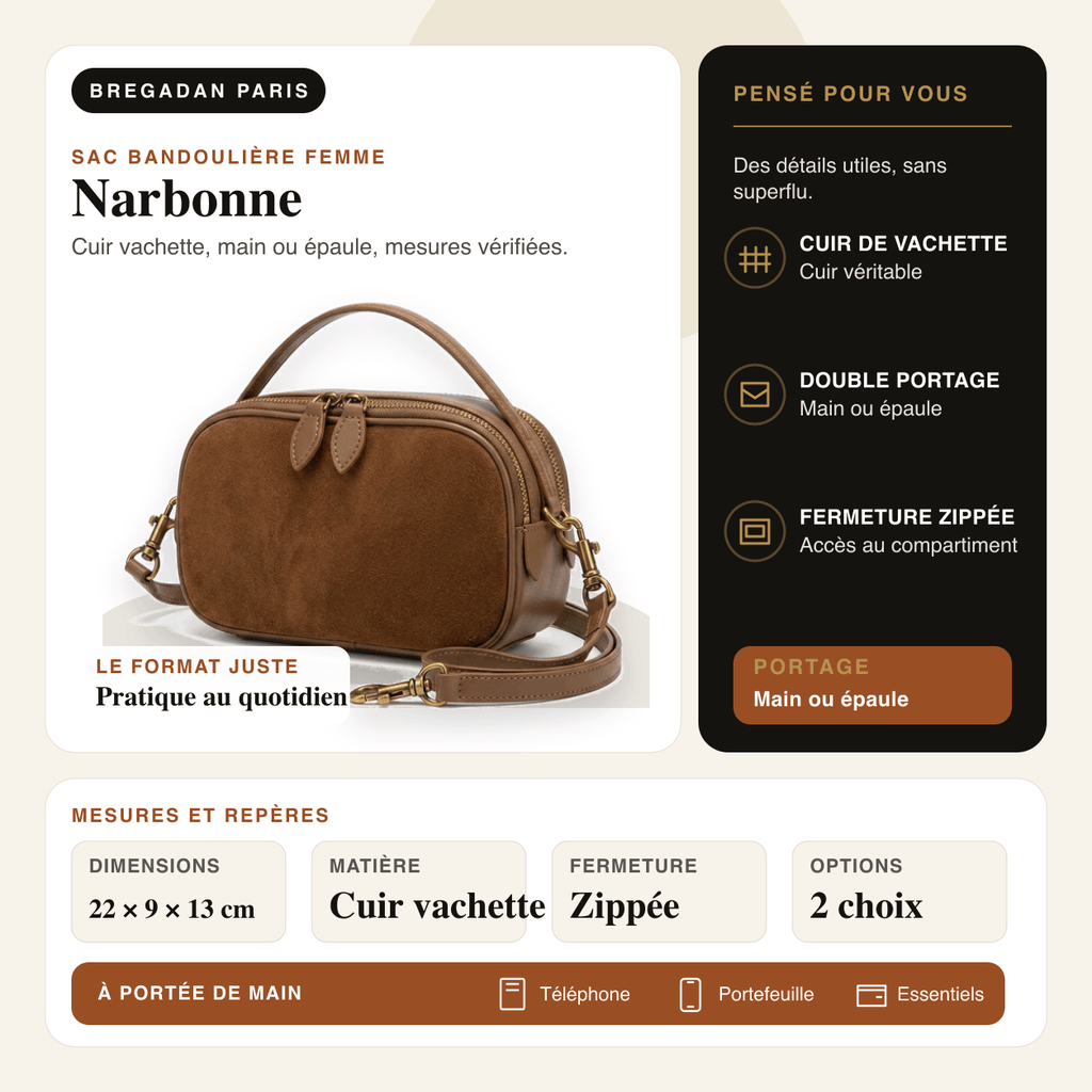 Narbonne — infographie Bregadan V3 : cuir vachette, main ou épaule, dimensions 22 × 9 × 13cm
