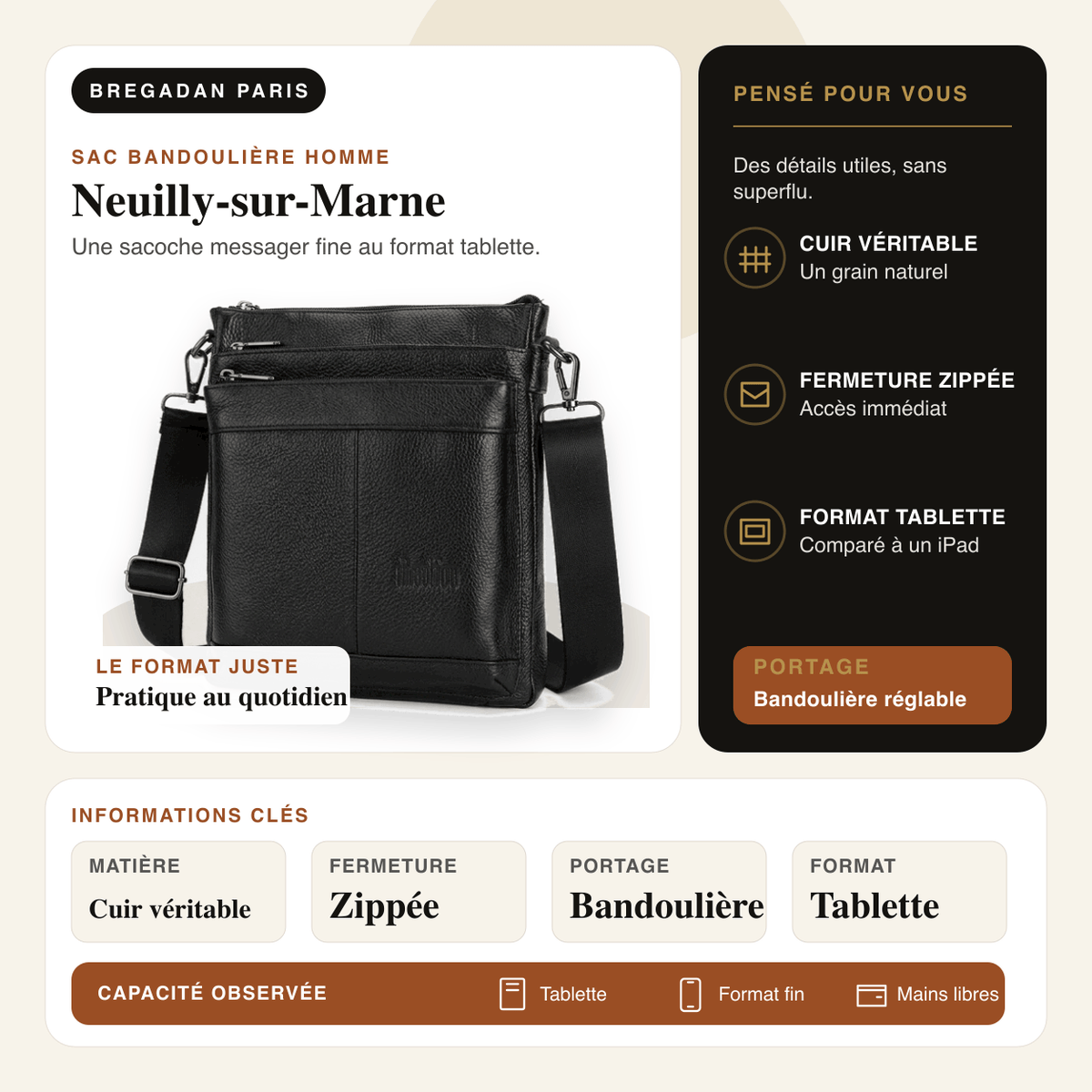 Neuilly-sur-Marne — infographie Bregadan V3 : Une sacoche messager fine au format tablette; matière Cuir véritable