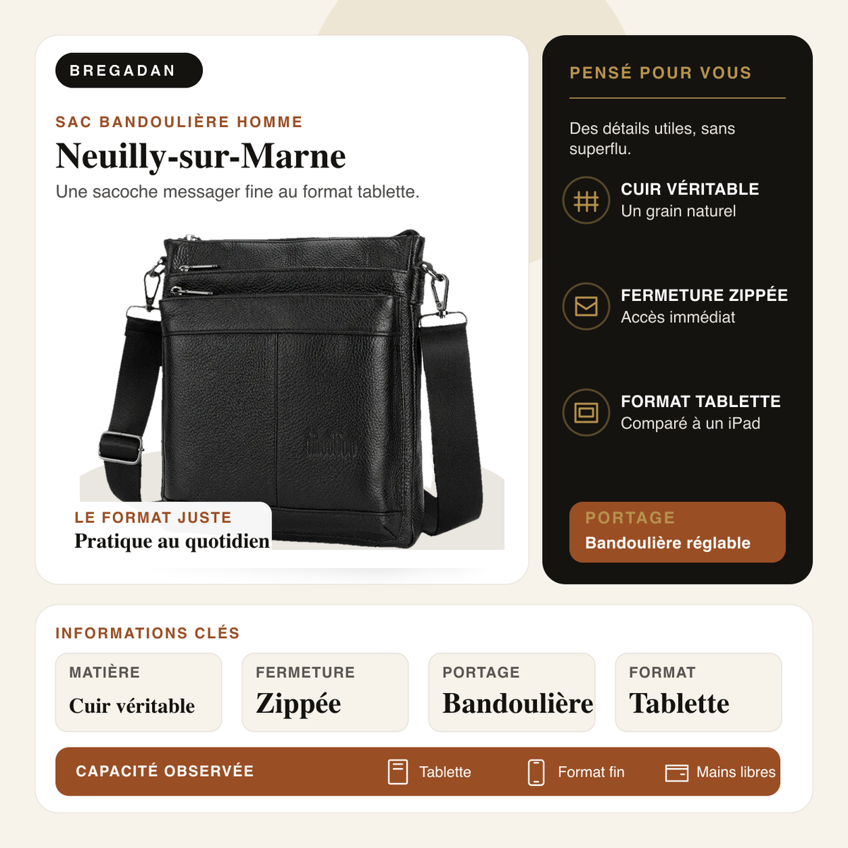 Neuilly-sur-Marne — infographie Bregadan V3 : Une sacoche messager fine au format tablette; matière Cuir véritable
