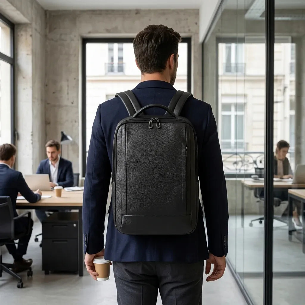 Neuilly-sur-Seine - Sac à dos ordinateur en cuir véritable, 15,6 pouces, mise en situation, coloris noir