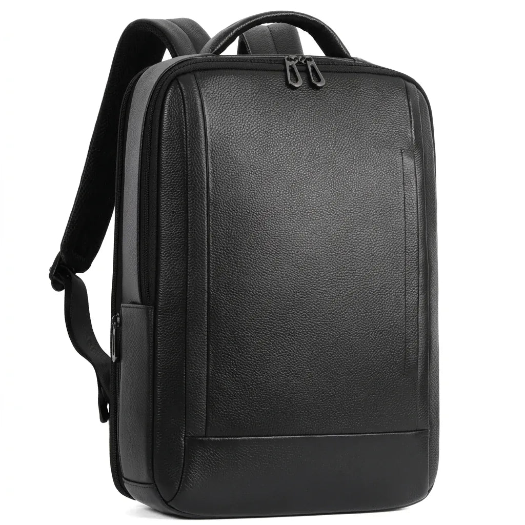 Neuilly-sur-Seine - Sac à dos ordinateur en cuir véritable, 15,6 pouces, packshot sur fond blanc, coloris noir
