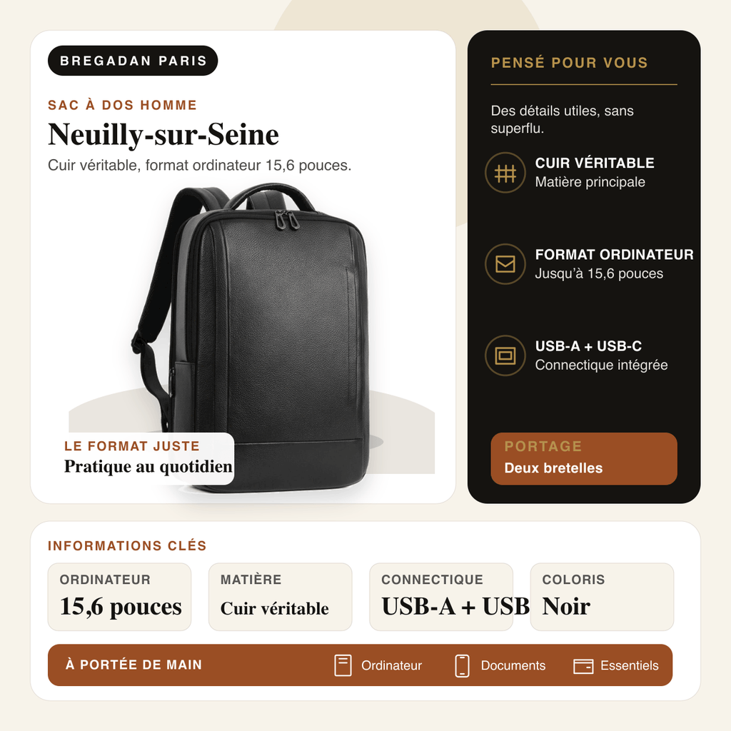 Neuilly-sur-Seine — infographie Bregadan V3 : sac à dos en cuir véritable pour ordinateur 15,6 pouces, ports USB-A et USB-C.