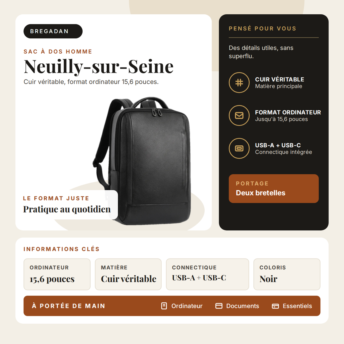 Neuilly-sur-Seine — infographie Bregadan V3 : sac à dos en cuir véritable pour ordinateur 15,6 pouces, ports USB-A et USB-C.