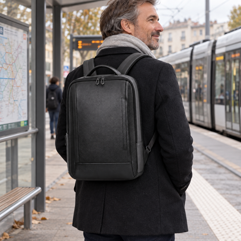 Neuilly-sur-Seine - Sac à dos ordinateur en cuir véritable, 15,6 pouces — photo portée naturelle, arrêt de tram