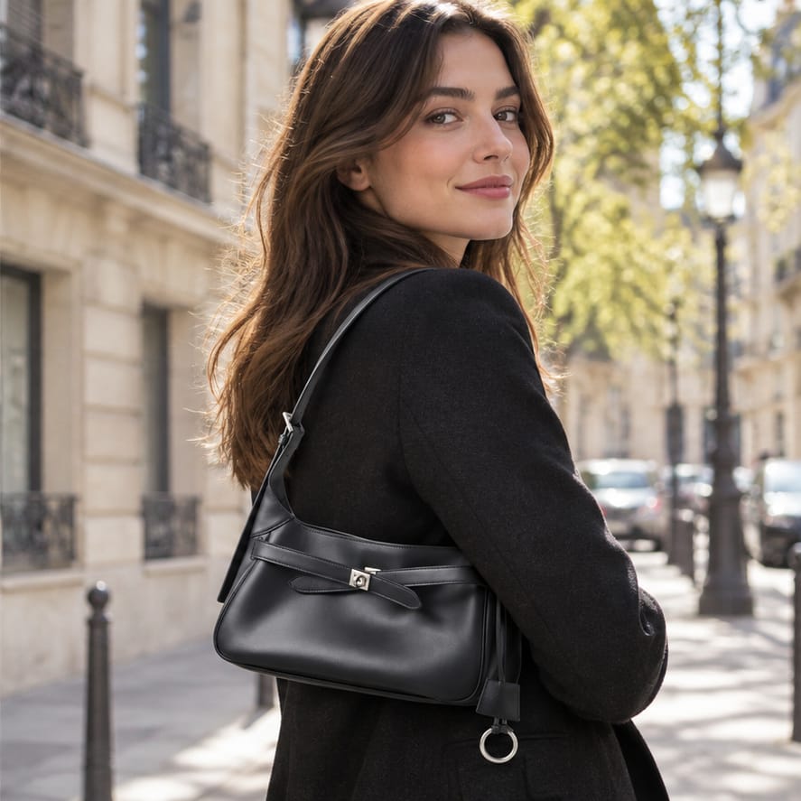 Nice — Format baguette — Liens noués — Noir et argenté — sac porté à l’épaule
