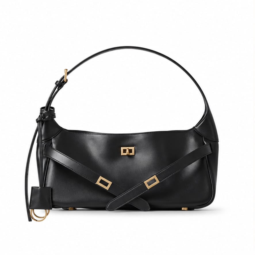 Nice — Format baguette — Sangles croisées — Noir et doré — sac seul sur fond blanc