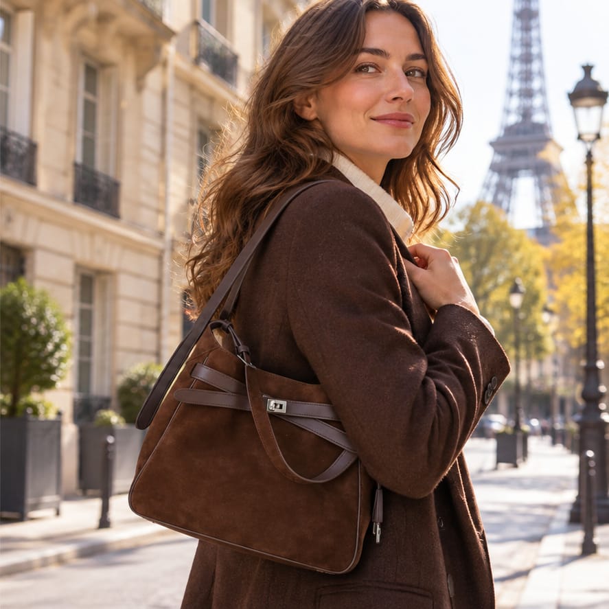Nice — Format seau — Liens noués — Daim café — sac porté à l’épaule