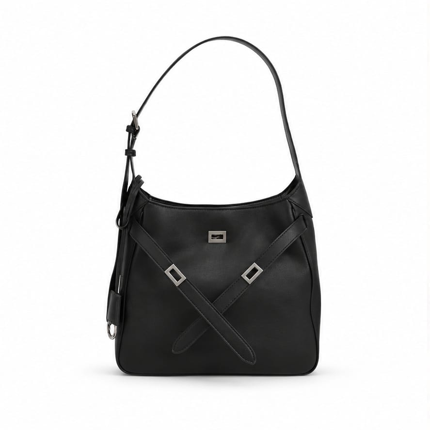 Nice — Format seau — Sangles croisées — Noir et argenté — sac seul sur fond blanc