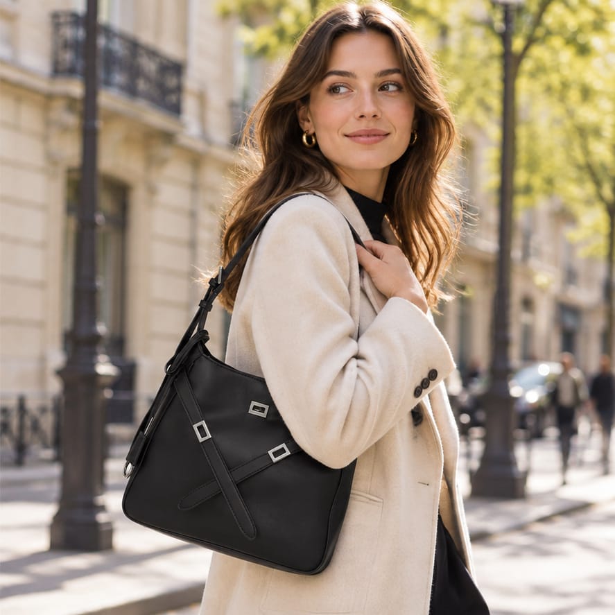 Nice — Format seau — Sangles croisées — Noir et argenté — sac porté à l’épaule