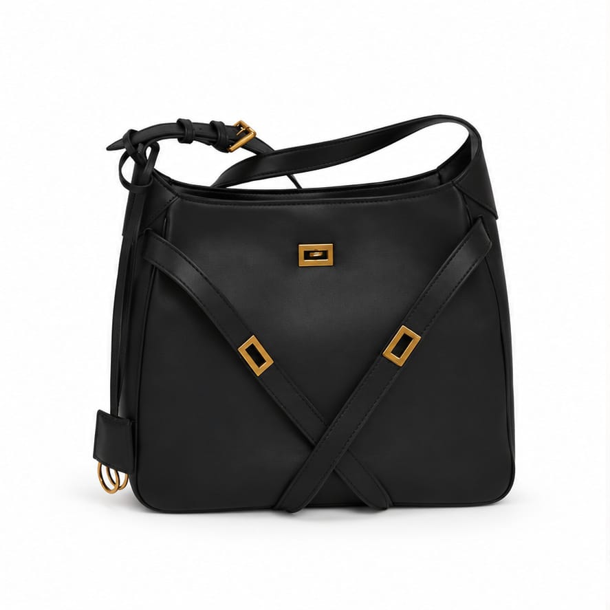 Nice — Format seau — Sangles croisées — Noir et doré — sac seul sur fond blanc