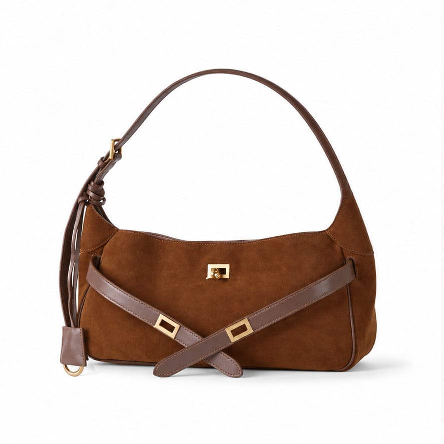 Nice — Format baguette — Sangles croisées — Daim marron — sac seul sur fond blanc