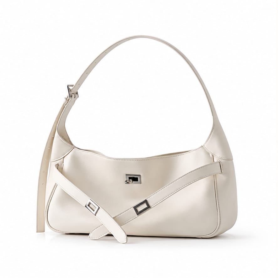 Nice — Format baguette — Sangles croisées — Blanc et argenté — sac seul sur fond blanc