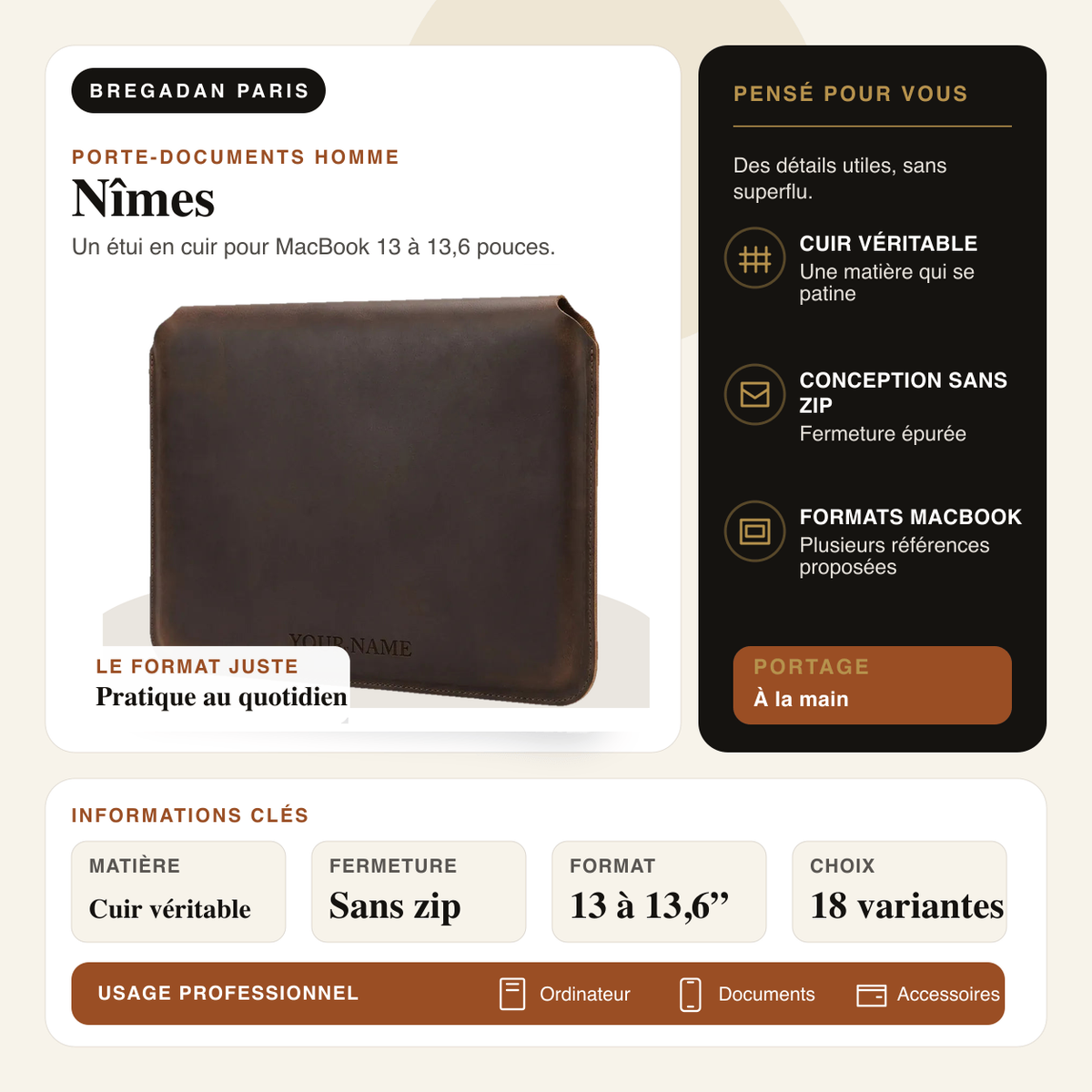 Nîmes — infographie Bregadan V3 : un étui en cuir pour macbook 13 à 13,6 pouces, matière Cuir véritable, fermeture