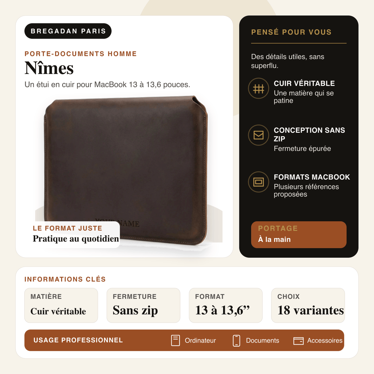 Nîmes — infographie Bregadan V3 : un étui en cuir pour macbook 13 à 13,6 pouces, matière Cuir véritable, fermeture