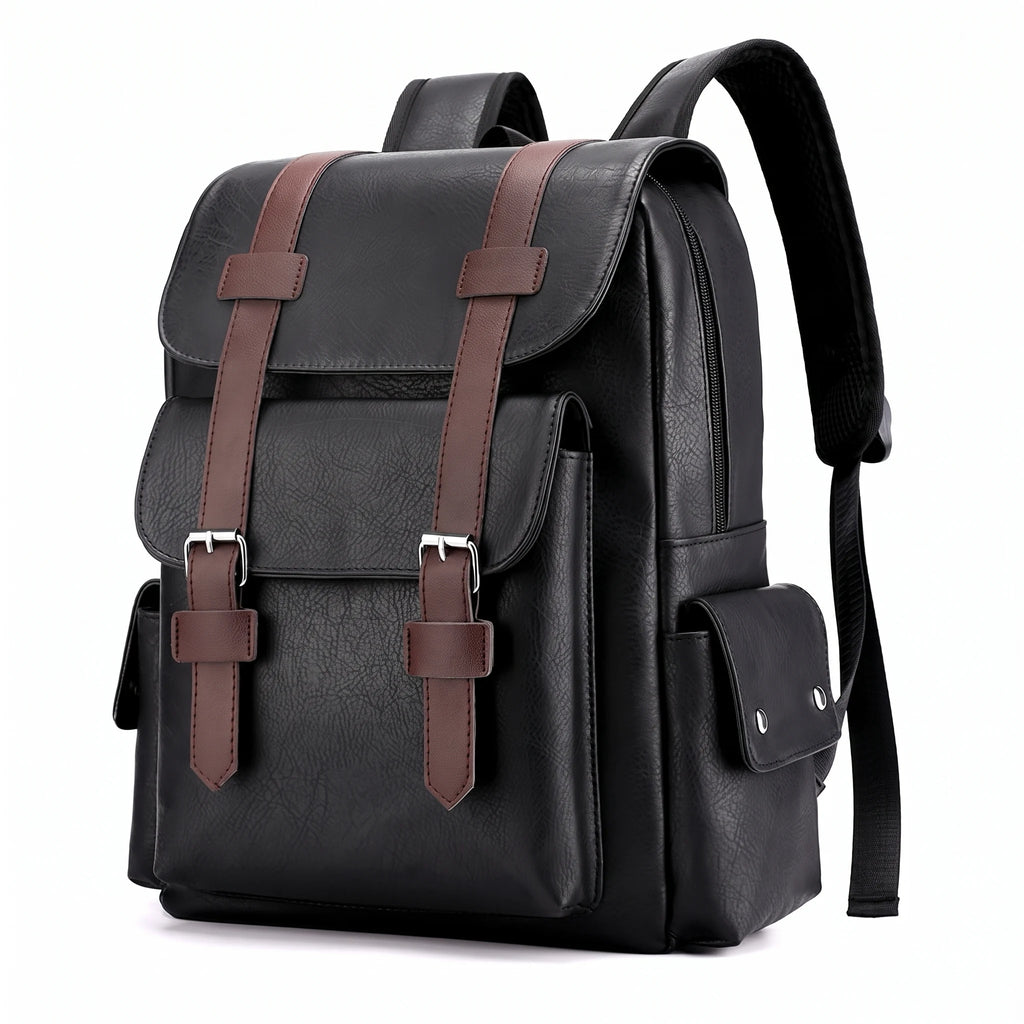 Niort - Sac à dos simili cuir, ordinateur 15 pouces, packshot sur fond blanc, coloris noir