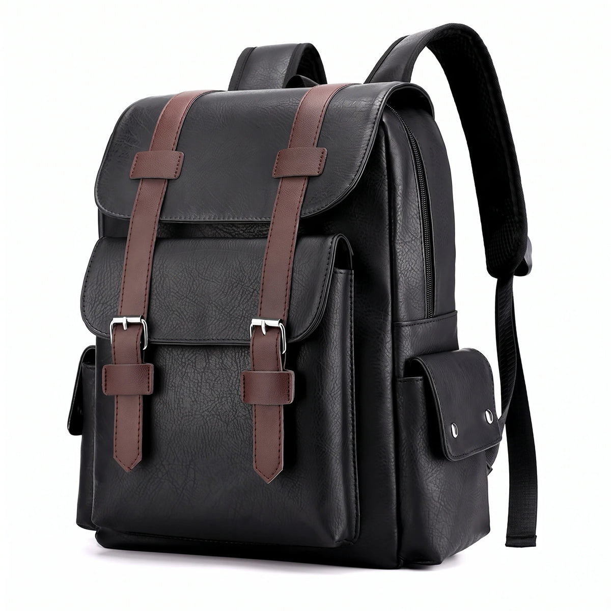 Niort - Sac à dos simili cuir, ordinateur 15 pouces, packshot sur fond blanc, coloris noir