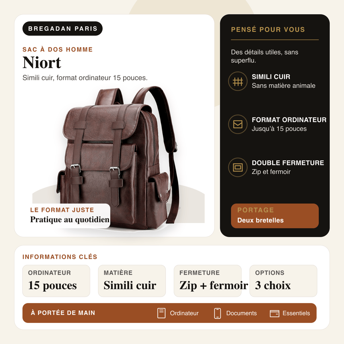 Niort — infographie Bregadan V3 : sac à dos en simili cuir pour ordinateur 15 pouces, fermeture zip et fermoir.