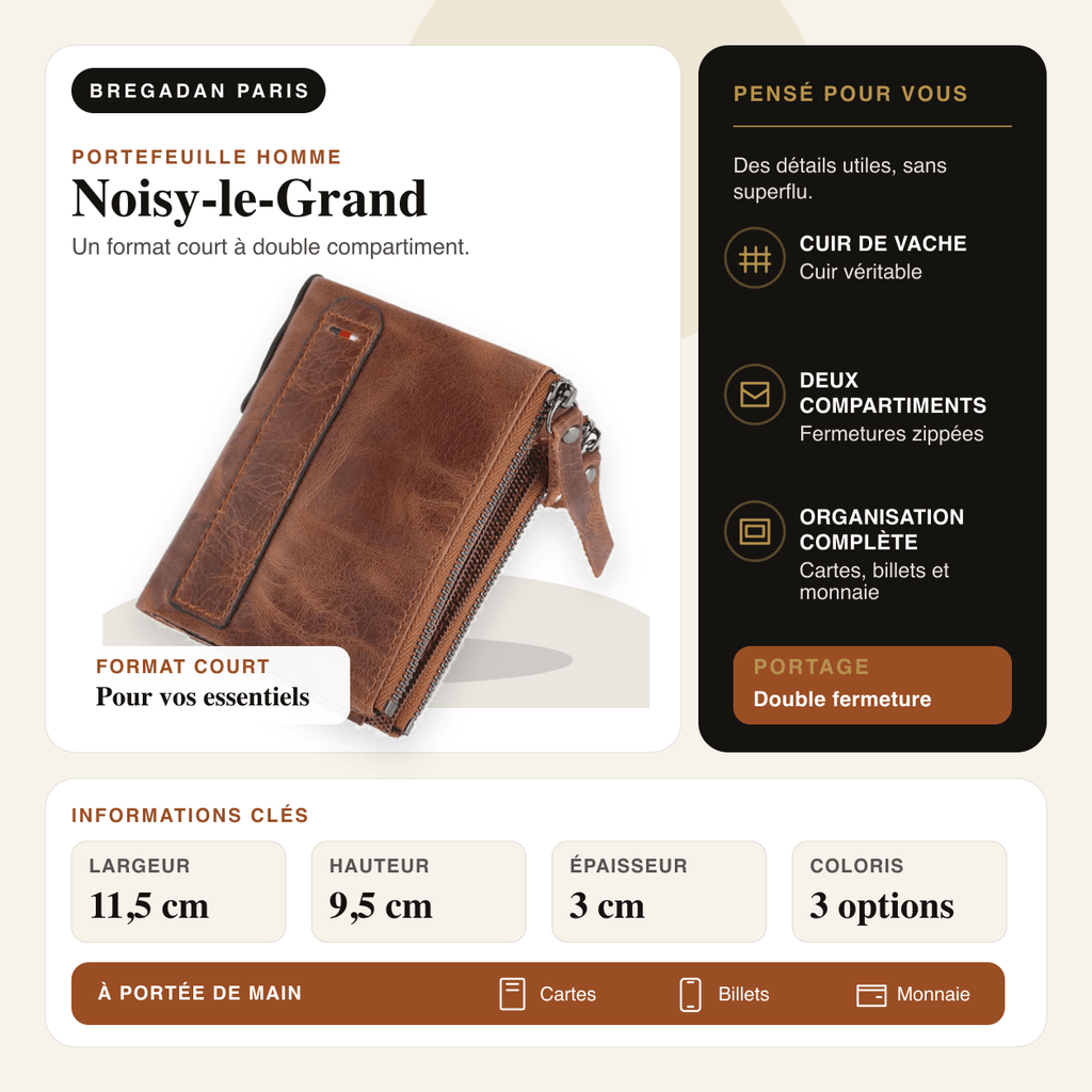 Noisy-le-Grand — infographie Bregadan V3 : cuir véritable, deux compartiments zippés et dimensions 11,5 × 9,5 × 3 cm