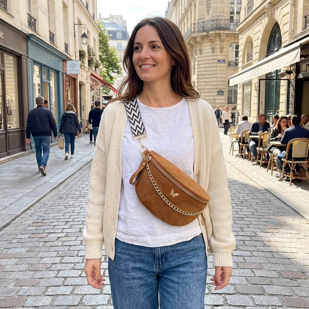 Noisy-le-Sec - Sac de poitrine en faux daim, esprit bohème - mise en situation, coloris camel