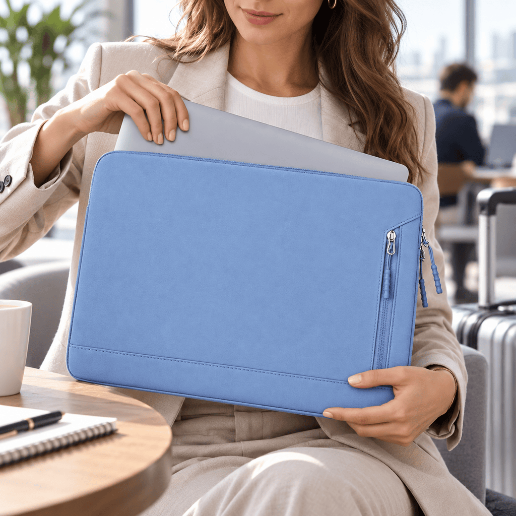 Orléans — housse ordinateur bleu utilisée au quotidien