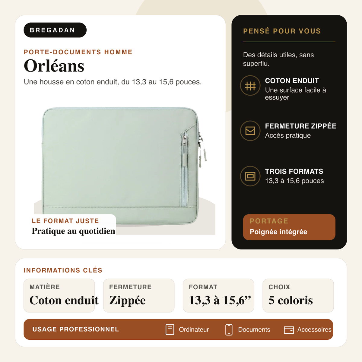 Orléans — infographie Bregadan V3 : une housse en coton enduit, du 13,3 au 15,6 pouces, matière Coton enduit