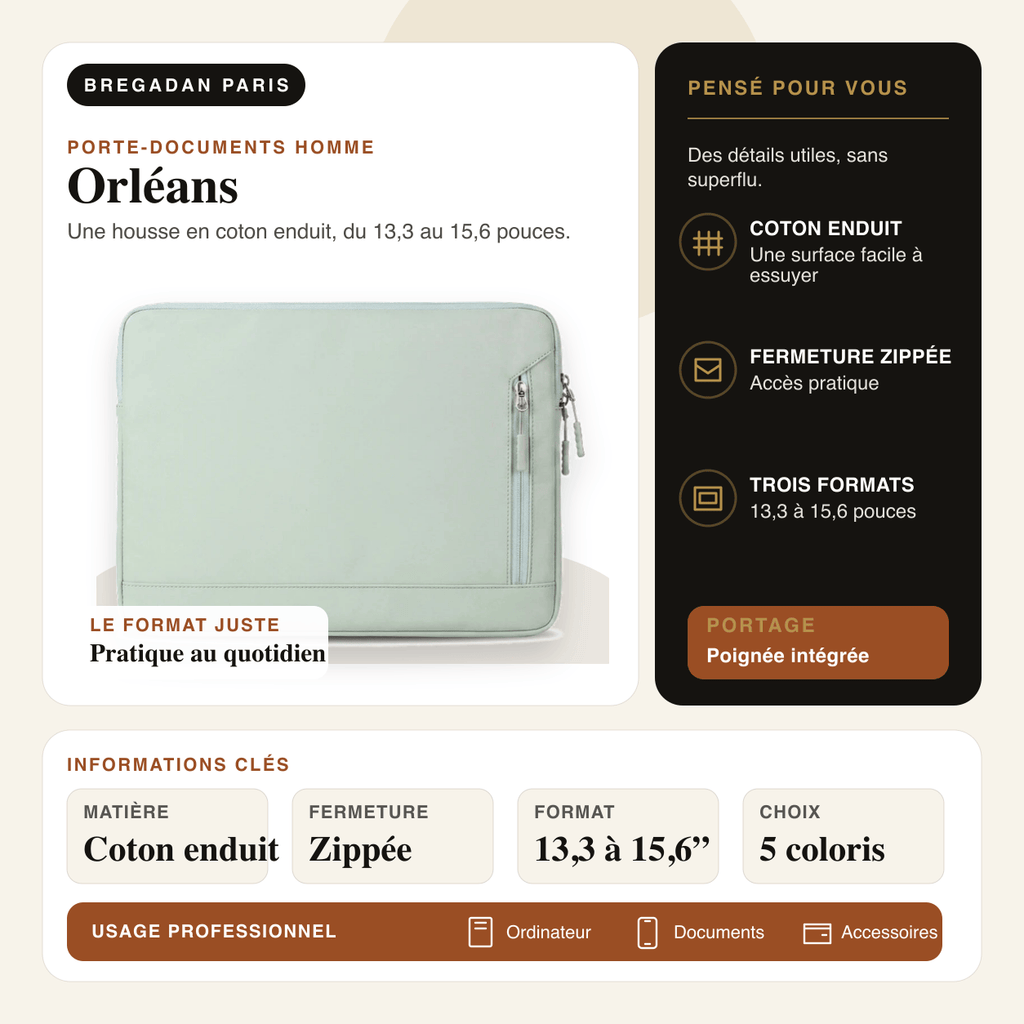 Orléans — infographie Bregadan V3 : une housse en coton enduit, du 13,3 au 15,6 pouces, matière Coton enduit