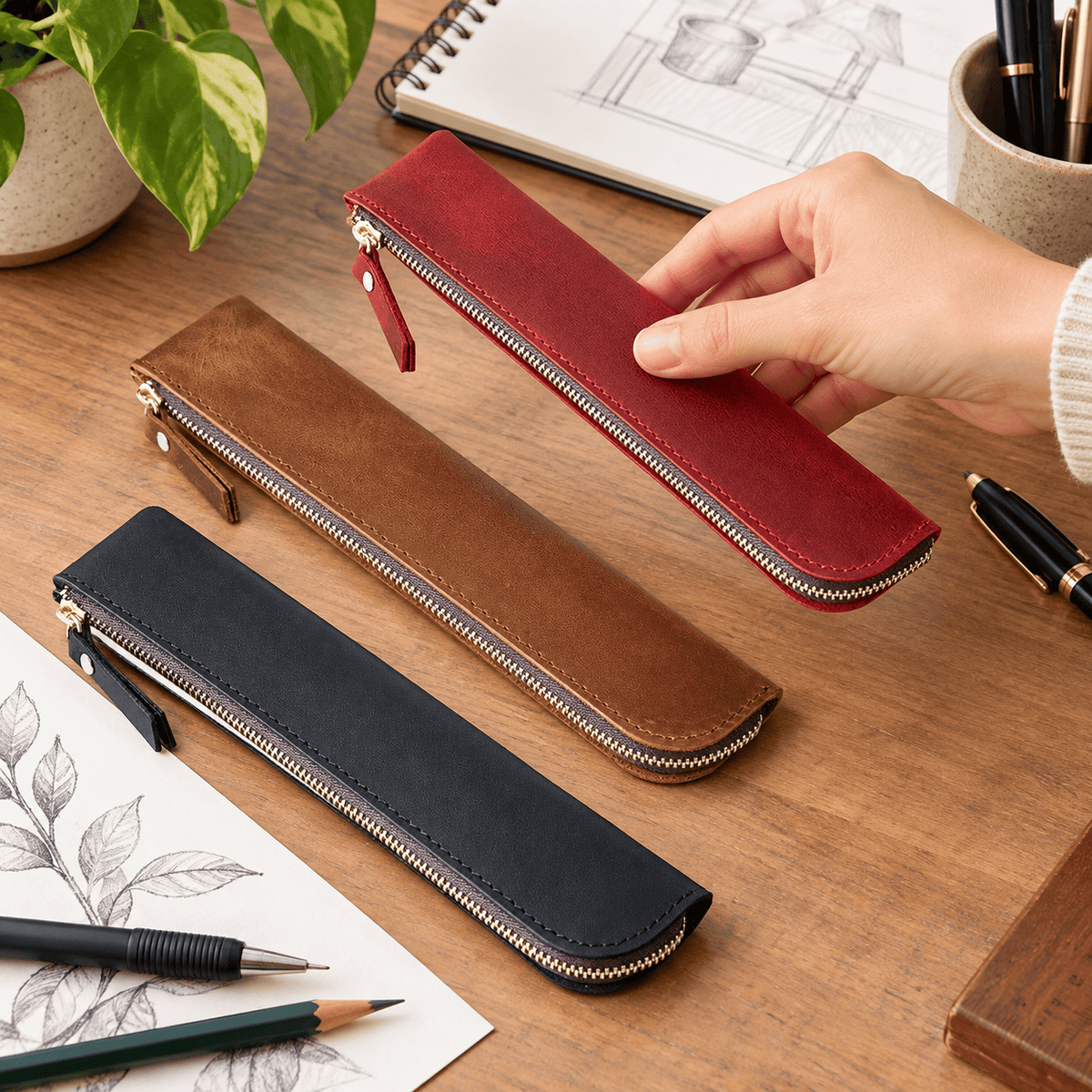 Oullins-Pierre-Bénite — Marron, rouge et noir — trousses à crayons en usage