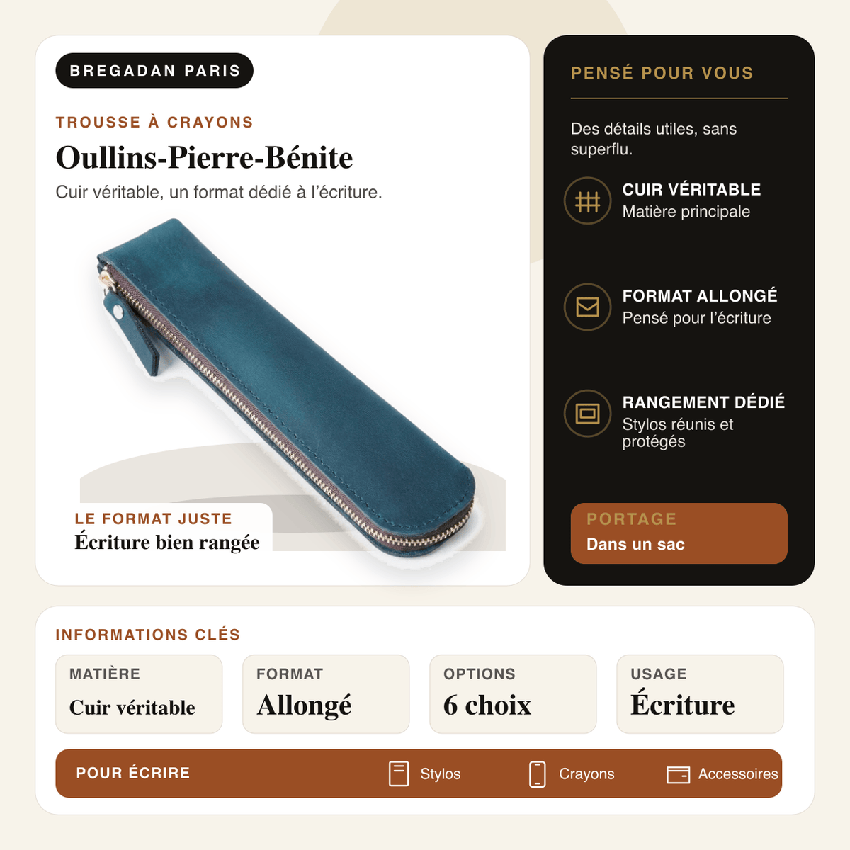 Oullins-Pierre-Bénite — infographie Bregadan V3 : cuir véritable, un format dédié à l’écriture, matière Cuir
