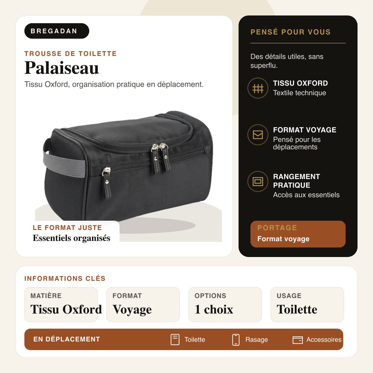 Palaiseau — infographie Bregadan V3 : tissu oxford, organisation pratique en déplacement, matière Tissu Oxford, format